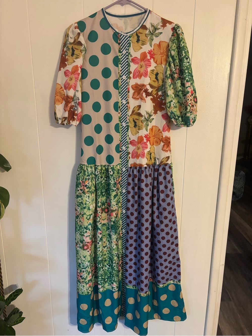 Mixed Floral & Polka Dot Patchwork Dress - Green Multi